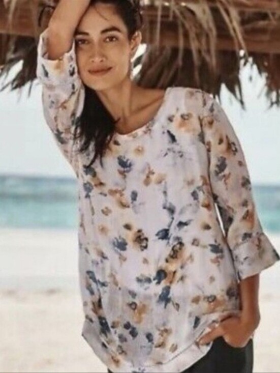 Pure Jill Tops - PURE JILL Women’s 100% Linen Top White Bohemian Short Sleeve Lagenlook